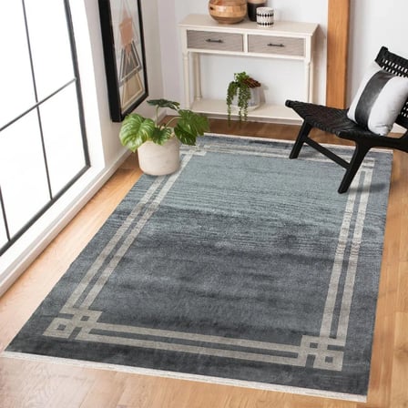 Antrasit Gri Geometrik Dijital Baskı Salon Halısı Kaymaz Koridor