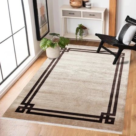 Ekru Vizon Geometrik Modern Kaymaz Tabanlı Salon Halısı Koridor Tipi
