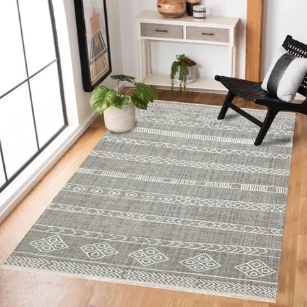 Gri Geometrik Desenli Kaymaz Tabanlı Salon Halısı Etnik Stil