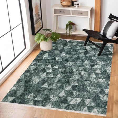 Gri Petrol Mavisi Geometrik Salon Halısı Yıkanabilir Kaymaz Koridor