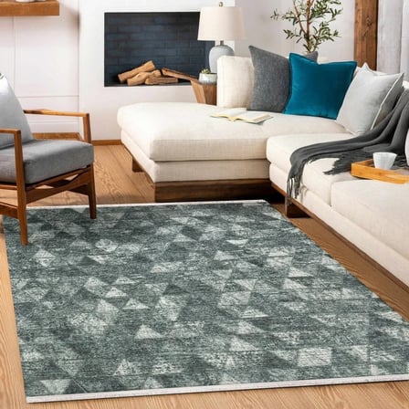 Gri Petrol Mavisi Geometrik Salon Halısı Yıkanabilir Kaymaz Koridor