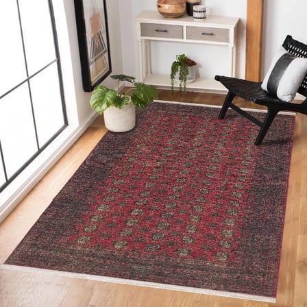 Kırmızı Geometrik Desenli Kaymaz Taban Salon Halısı Koridor Eskitme Vintage Tarz