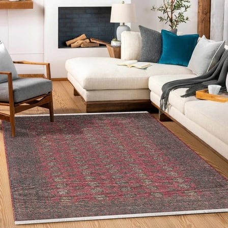 Kırmızı Geometrik Desenli Kaymaz Taban Salon Halısı Koridor Eskitme Vintage Tarz