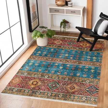 Petrol Mavisi Geometrik Desenli Yıkanabilir Salon Halısı Koridor