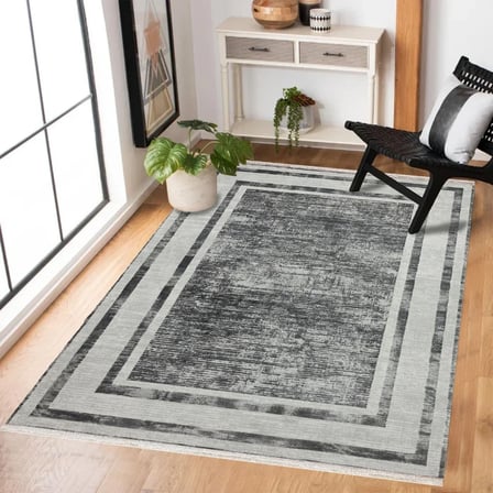 Antrasit Gri Geometrik Eskitme Dijital Baskı Salon Halısı Koridor