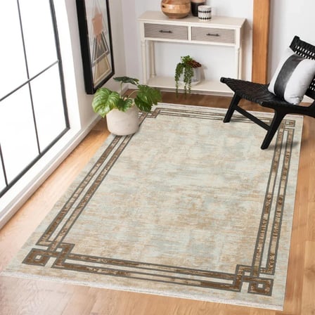 Krem Eskitme Geometrik Salon Halısı Kaymaz Tabanda Koridor Vintage Model