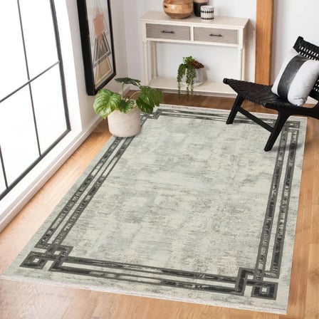Gri Geometrik Desenli Eskitme Salon Halısı Kaymaz Tabanda Koridor