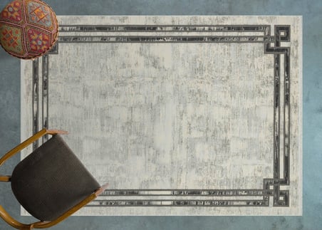 Gri Geometrik Desenli Eskitme Salon Halısı Kaymaz Tabanda Koridor