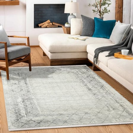 Gri Geometrik Desenli Kaymaz Tabanlı Salon Halısı Koridor Eskitme Vintage