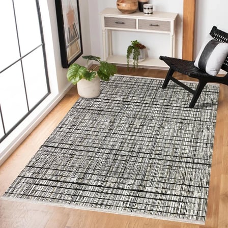 Kaymaz Tabanlı Dijital Baskı Geometrik Salon Halısı Siyah Ekru