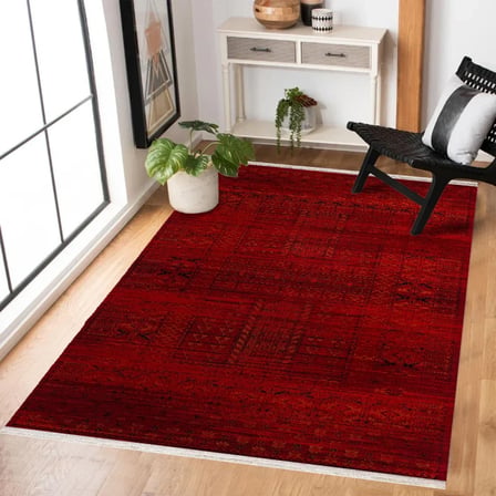 Kırmızı Geometrik Modern Dijital Baskı Kaymaz Taban Halı Koridor