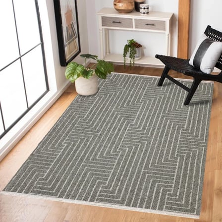Gri Modern Geometrik Desenli Kaymaz Taban Salon Halısı Koridor Model