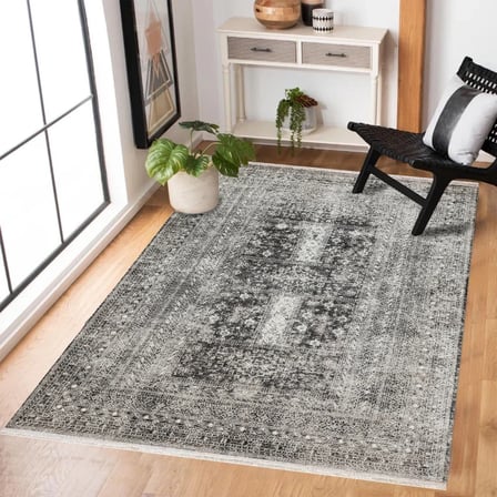 Antrasit Gri Geometrik Eskitme Salon Halısı Kaymaz Taban Koridor