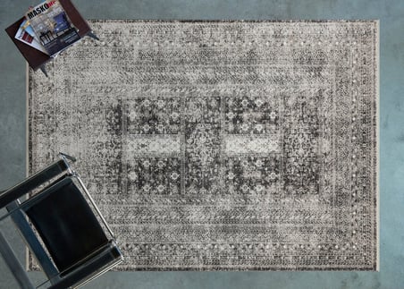 Antrasit Gri Geometrik Eskitme Salon Halısı Kaymaz Taban Koridor