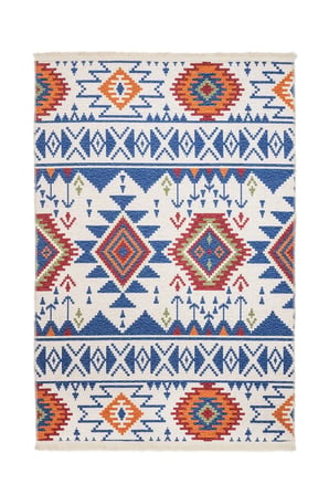 Mavi Krem Geometrik Desenli Kaymaz Tabanlı Kilim Koridor Salon Pamuk