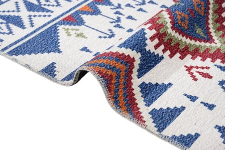 Mavi Krem Geometrik Desenli Kaymaz Tabanlı Kilim Koridor Salon Pamuk