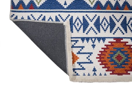 Mavi Krem Geometrik Desenli Kaymaz Tabanlı Kilim Koridor Salon Pamuk
