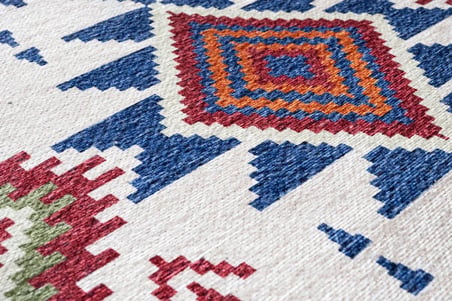 Mavi Krem Geometrik Desenli Kaymaz Tabanlı Kilim Koridor Salon Pamuk