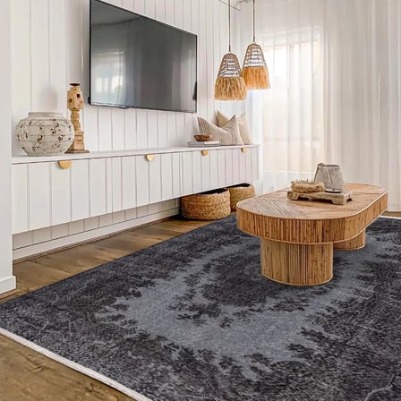 Antrasit Gri Eskitme Madalyonlu Salon Halısı Dijital Baskı Vintage Stil