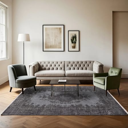 Antrasit Gri Eskitme Madalyonlu Salon Halısı Dijital Baskı Vintage Stil