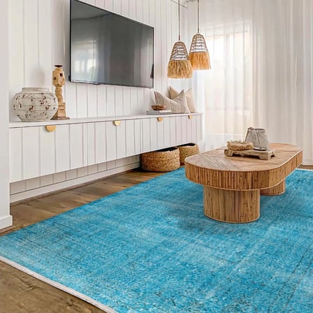 Turkuaz Soyut Desenli Eskitme Salon Halısı Dijital Baskı Kaymaz Taban
