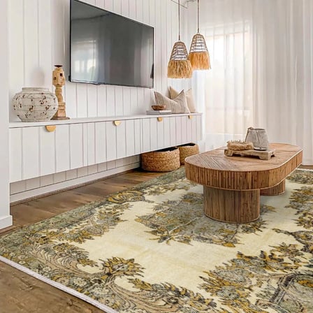 Krem Eskitme Madalyon Desenli Salon Halısı Yıkanabilir Kaymaz Taban