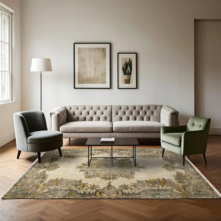 Krem Eskitme Madalyon Desenli Salon Halısı Yıkanabilir Kaymaz Taban