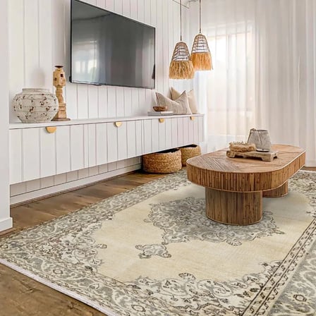 Gri Madalyon Desenli Eskitme Salon Halısı Kaymaz Tabanlı Koridor ve Yatak Odası