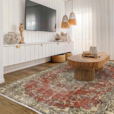 Bordo Eskitme Desenli Kaymaz Taban Salon Halısı Klasik Vintage Tarz
