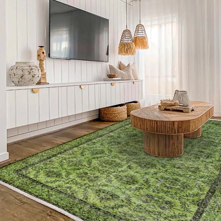 Yeşil Çiçekli Dijital Baskı Eskitme Salon Halısı Kaymaz Koridor
