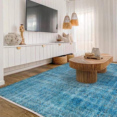 Mavi Soyut Desenli Eskitme Halı Kaymaz Tabanlı Modern Koridor ve Salon