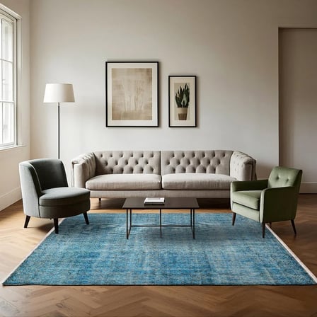 Mavi Soyut Desenli Eskitme Halı Kaymaz Tabanlı Modern Koridor ve Salon