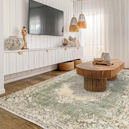 Yeşil Madalyon Desenli Dijital Baskı Kaymaz Taban Salon Halısı Eskitme Stil