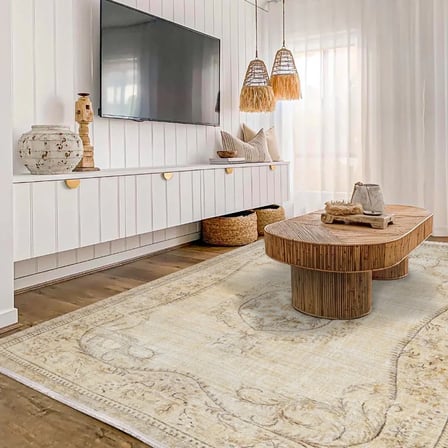 Bej Eskitme Madalyon Desenli Dijital Baskı Salon Halısı Kaymaz Tabanlı (74 kar.)