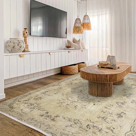 Bej Eskitme Madalyon Desenli Kaymaz Tabanlı Yıkanabilir Salon Koridor Halısı