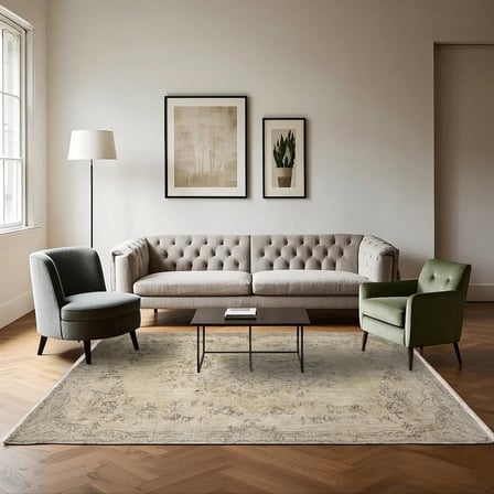 Bej Eskitme Madalyon Desenli Kaymaz Tabanlı Yıkanabilir Salon Koridor Halısı
