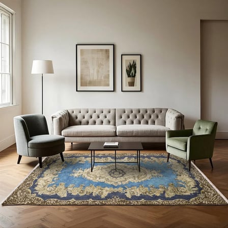 Lacivert Eskitme Desenli Salon Halısı Klasik Madalyon Göbekli Kaymaz Tabanlı Model