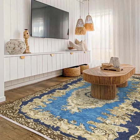 Lacivert Eskitme Desenli Salon Halısı Klasik Madalyon Göbekli Kaymaz Tabanlı Model