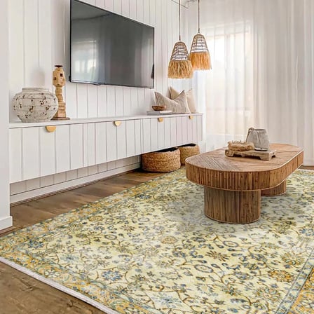 Bej Çiçekli Eskitme Salon Halısı Kaymaz Tabanlı Koridor Vintage Tarz