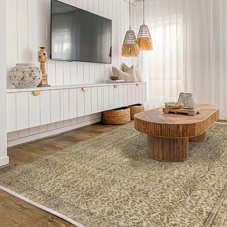 Krem Kahverengi Eskitme Salon Halısı Çiçekli Dijital Baskı Kaymaz Tabanlı