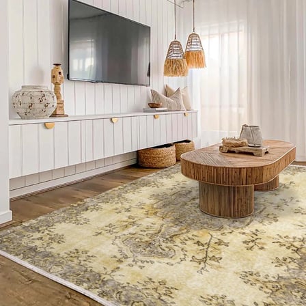 Bej Madalyon Desenli Salon Halısı Kaymaz Tabanlı Pamuk-Polyester Karışım Koridor Tipi