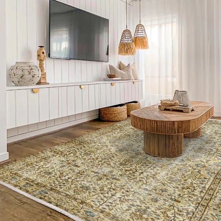 Bej Krem Dijital Baskı Halı Kaymaz Tabanlı Eskitme Desenli Salon ve Koridor