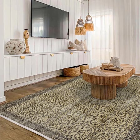 Gri Ekru Çiçekli Eskitme Salon Halısı Kaymaz Tabanlı Dijital Baskı