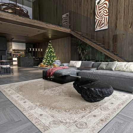 Bej Madalyon Desenli Kaymaz Taban Dijital Baskı Salon Halısı