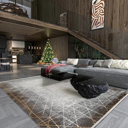 Ekru Antrasit Gri Geometrik Desenli Dijital Baskı Salon Halısı Modern