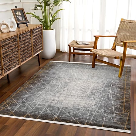Ekru Antrasit Gri Geometrik Desenli Dijital Baskı Salon Halısı Modern