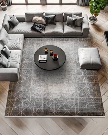 Ekru Antrasit Gri Geometrik Desenli Dijital Baskı Salon Halısı Modern