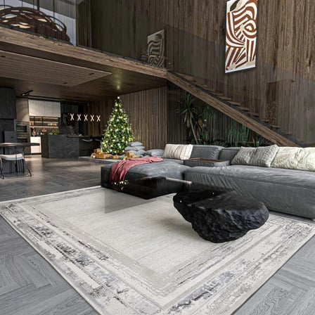 Gri Geometrik Desenli Eskitme Halı Dijital Baskı Kaymaz Tabanlı Salon Koridor Halısı
