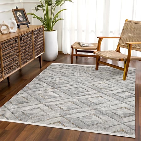 Gri Geometrik Desenli Kaymaz Taban Salon Halısı Koridor Eskitme Vintage