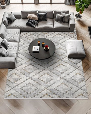 Gri Geometrik Desenli Kaymaz Taban Salon Halısı Koridor Eskitme Vintage